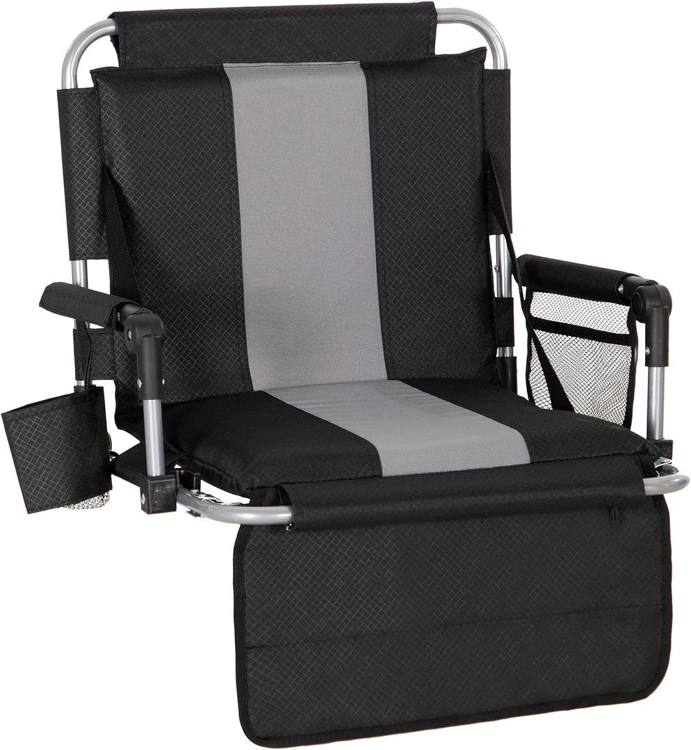 LET'S CAMP Folding Stadium Seat Bleacher Chair with Cup Holder, Mesh Bag and Hide Hooks, Portable Stadium Chair with Back and Cushion (Black Grey)