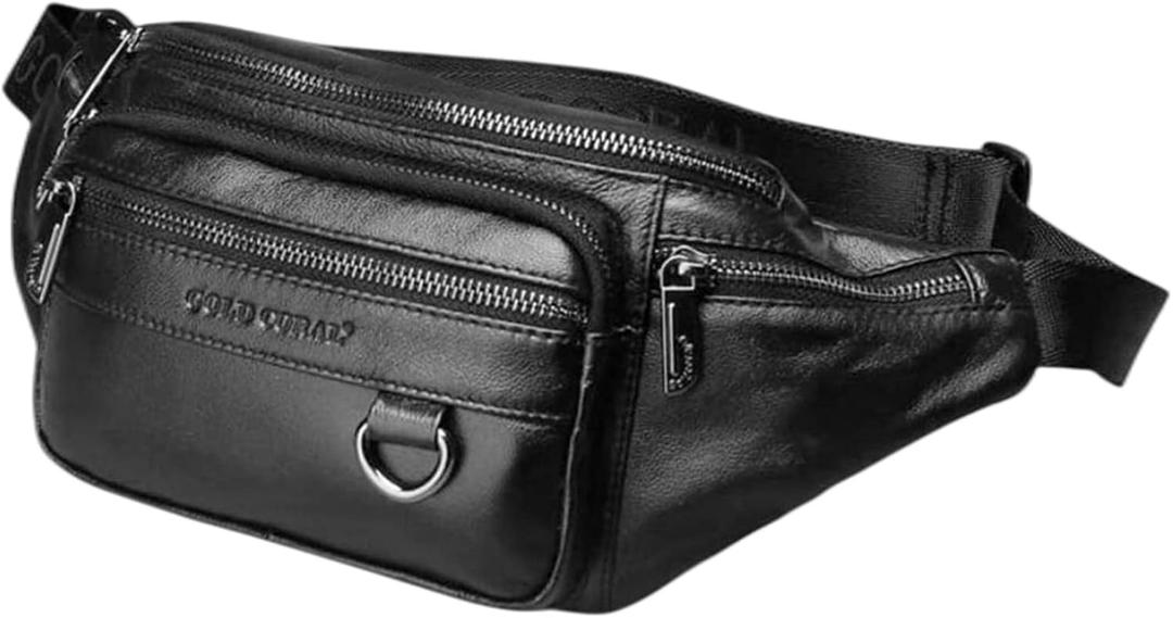 Leather Fanny Pack Mens Genuine Leather Waist Bag Sport Travel Hiking (Black)