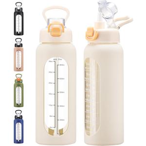 32 oz Glass Water Bolttles with Straw Large Motivational Water Bottle with Time Marker Sports Water Bottles with Silicone Sleeve and Handle Lid Water Jug for Gym Workout (White)