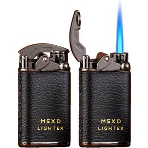 NINSI Mini Butane Torch Lighter, Cool Windproof Straight Flame Refillable Lighters, Leather Vintage Metal Rocker Lighter for Candles, Camping (Shipped Without Gas) (Black)
