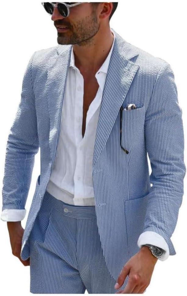 Leisure Mens Striped Seersucker Slim Fit Suit Grooms Lightweight Sear Sucker Suit for Wedding (Blue, XL)