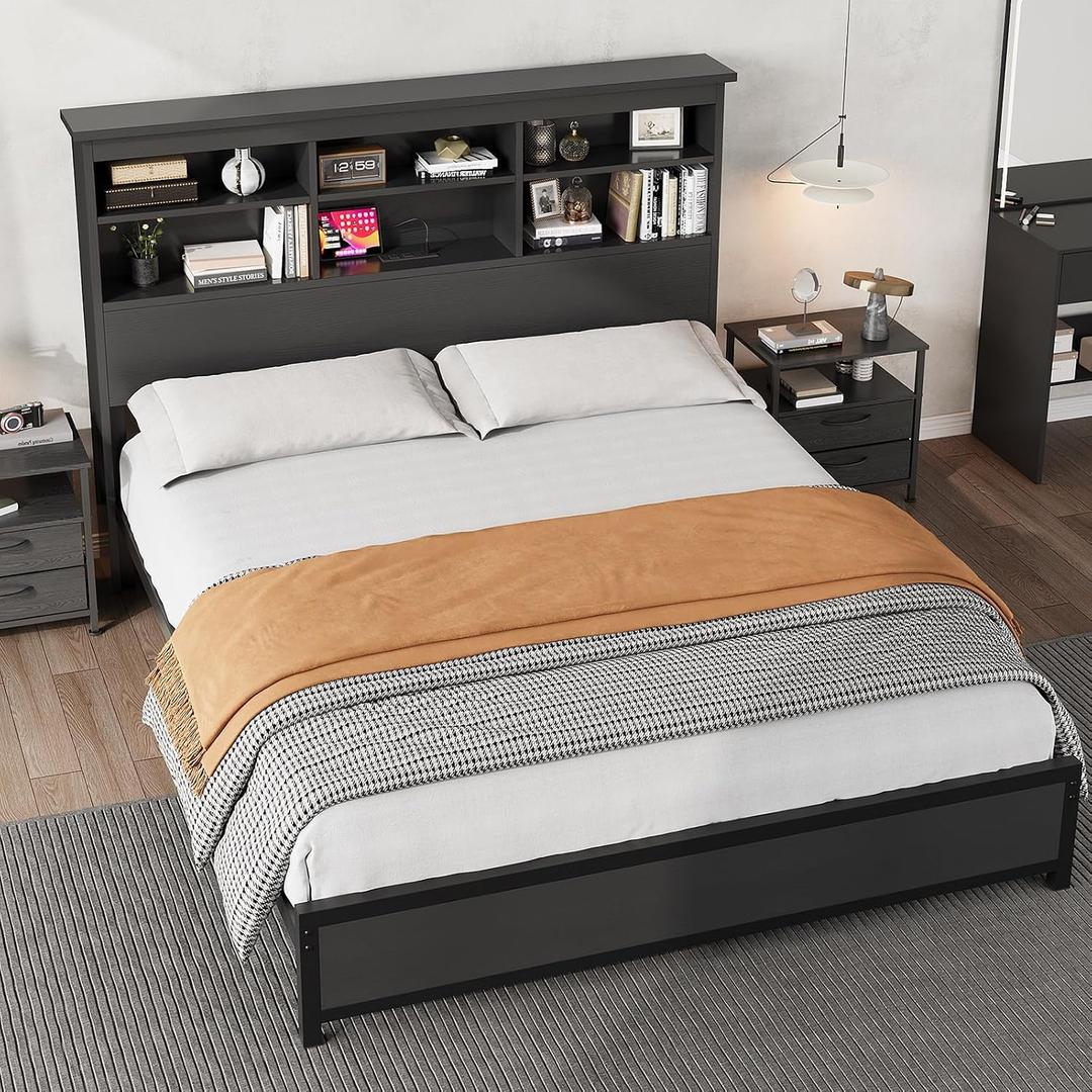Garvee Full Platform Bed Frame with Bookcase Headboard, Charging Station (USB & Type‑c), Tall Wooden Headboard, 9.6" Underbed Storage, No Box Spring Needed, Black
