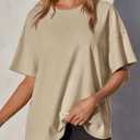 Tankaneo Womens Oversized Tunic Tops Summer Casual Short Sleeve Tshirts | Summer Casual, Short Sleeve, Round Neck, Loose Fit Side Split Waffle Tees (Beige, L)