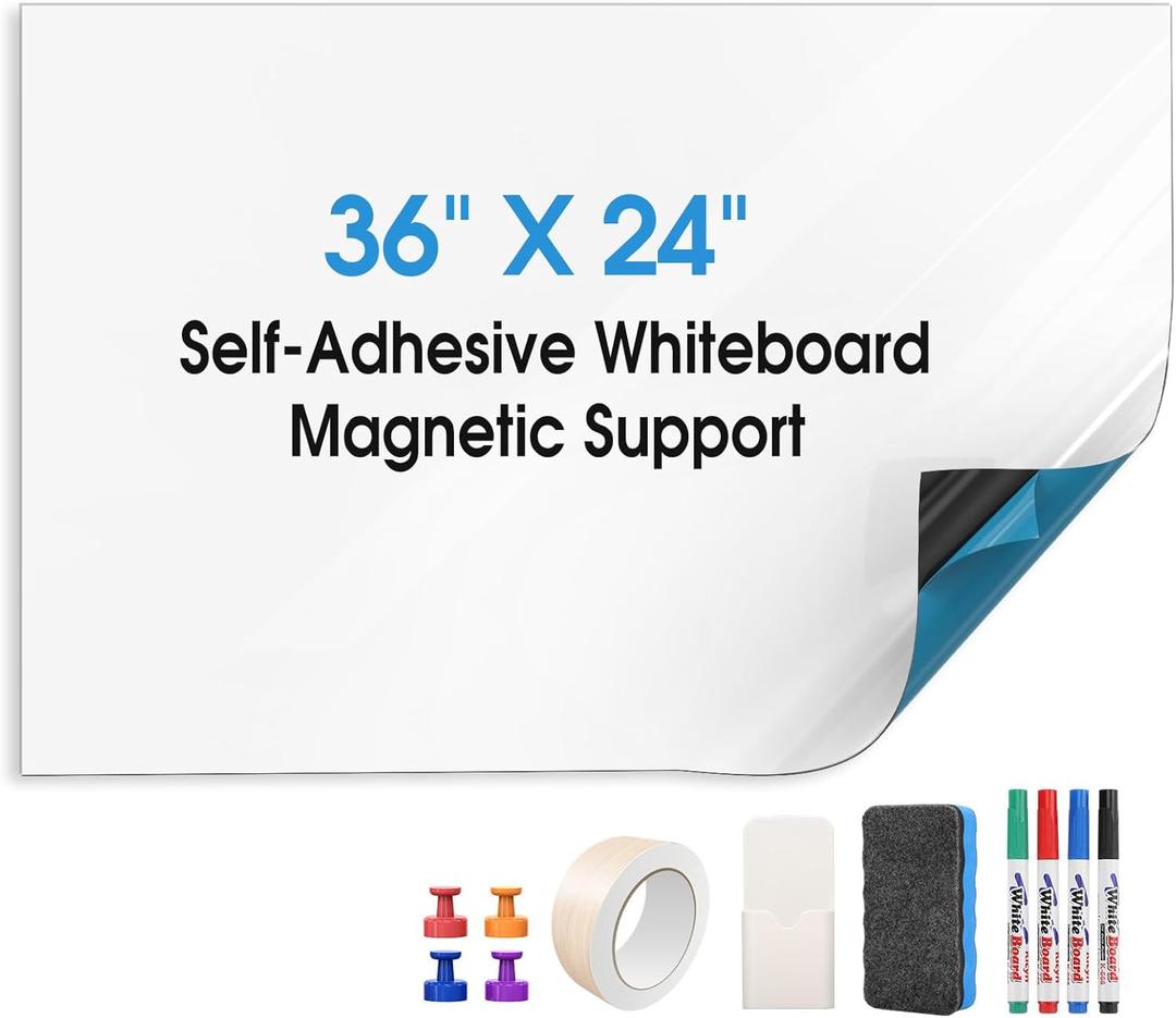 MaxGear Dry Erase Board with Paper Adhesive Magnetic White Board Sticker, 36x24 Easy to Write and Clean Magnetic Board for Office, Home, with Marker, Eraser