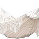 Hammock Brazilian Double Hammocks Soft Comfortable Fabric Cotton Canvas Hanging Portable Two Person Hammock Boho Fringe Large for Adults Backyard Travel (Off White)