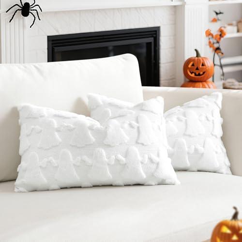 OTOSTAR Set of 2 Ghost Pillow Covers Halloween Throw Pillow Covers for Sofa Couch Bed Living Room Soft Plush Short Wool Velvet Farmhouse Throw Pillow Covers for Thanksgiving Pure White 12x20 Inch