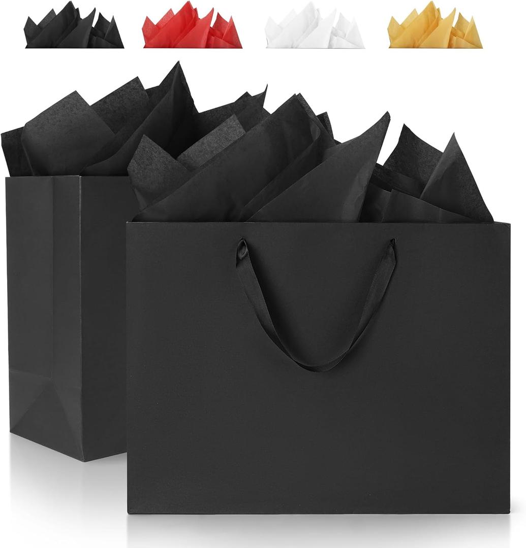 Argivean Extra Large Black Gift Bags: 2pcs 16x6x12 Inch Gift Bags With Handle For Birthday Wedding Party Business (With Black Tissue Paper)