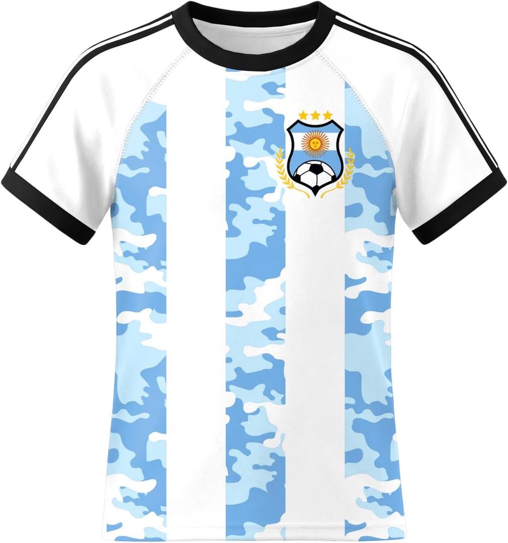 Boys Girls Soccer Jerseys Short Sleeve Raglan Football Training Tee Shirt White Blue, 10Y
