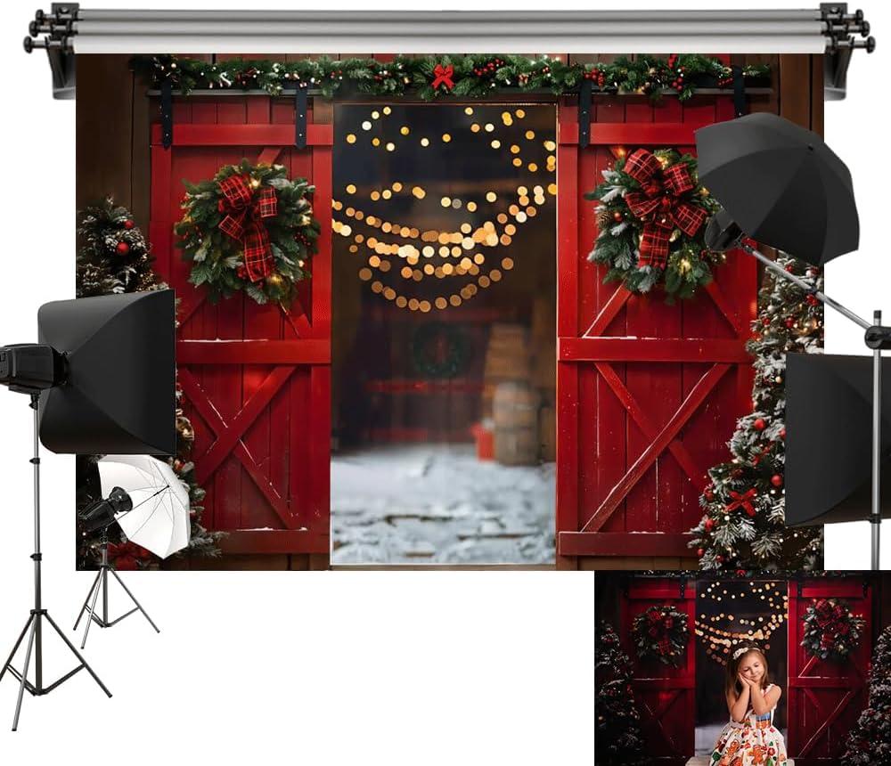 Kate 7x5ft/2.2x1.5m Christmas Backdrop Red Barn Door Wreath Computer Printed Cloth Background Photo Video Studio Props