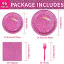 Grencian 96 Pcs Hot Pink Party Supplies Holographic Print Hot Pink Plates and Napkins Tableware Set for Girls Women Birthday Sprinkle Wedding Bachelorette Bridal Shower Decorations Serves 24