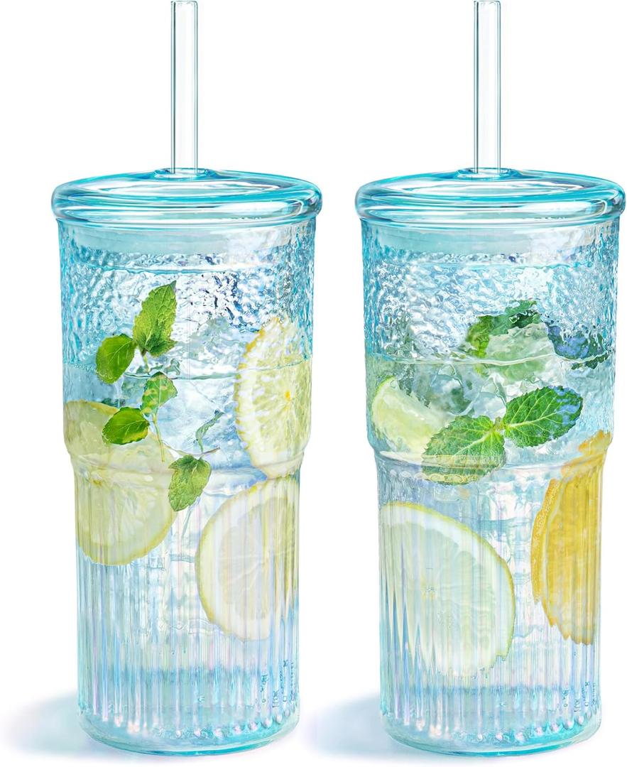 Puraville 20oz Glass Cups with Lids and Straws, 2 Pack High Borosilicate Iced Coffee Cups Drinking Glasses Tumbler for Smoothie, Water, Tea, Juice Drinks, Shimmering Blue