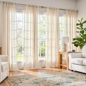 jinchan Weslie Boho Curtains for Bedroom 4 Panels Ivory Vintage Floral Farmhouse Curtains 84 Inches Long Linen Drapes for Living Room Embroidered Light Filtering Drapes Cottagecore Ivory on Beige