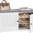 VASAGLE Shoe Storage Bench with Cushion, 3-Tier Entryway Bench with Padded Seat, Doors, Adjustable Shelves, 14 x 39.8 x 20.7 Inches, for Hallway, Bedroom, Cloud White and Dove Gray ULSB044W01
