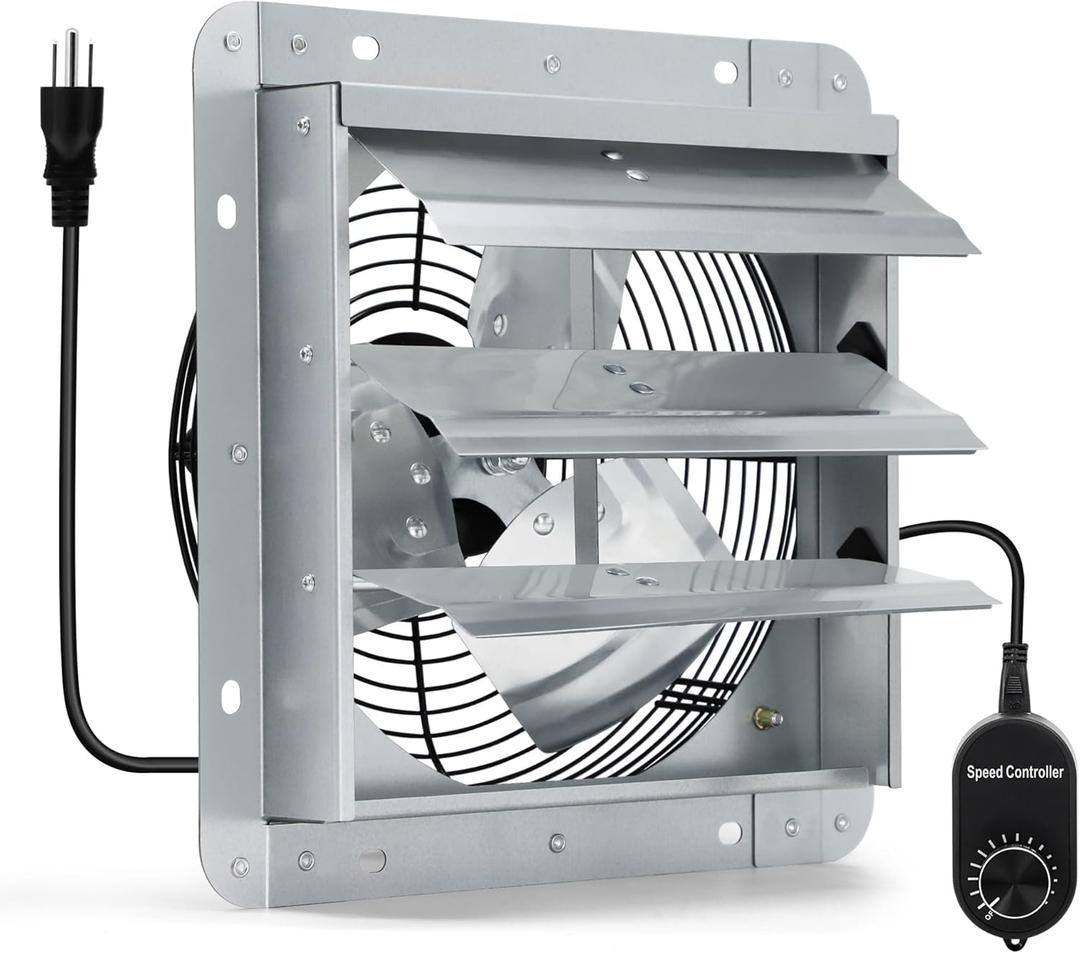 7 Inch Shutter Exhaust Fan with Speed Controller and Power Cord, Wall Mount Attic Fan for Greenhouses, Sheds, Garages, Chicken Coops, Barns Ventilation, 760 CFM
