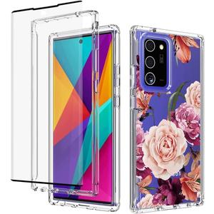 Case for Galaxy Note 20 Ultra 5G N986U Case with Tempered-Glass Screen Protector, Clear Floral Pattern Full Body Protective Phone Cover Cases for Samsung Galaxy Note 20 Ultra (Purple Flower)