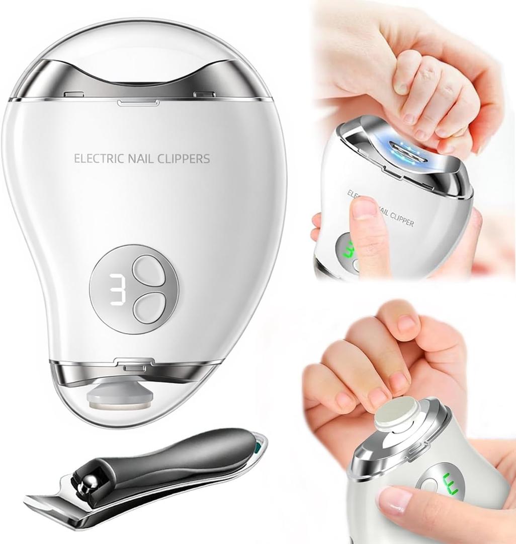 Electric Nail Clipper, 4-in-1 Rechargeable Automatic Nail Clipper Set with 3 Speed Gears/Nail File/Polishing/Trimmer/LED Light, Safe Smart Nail Clippers for for Baby, Kids, Adult and Seniors, White