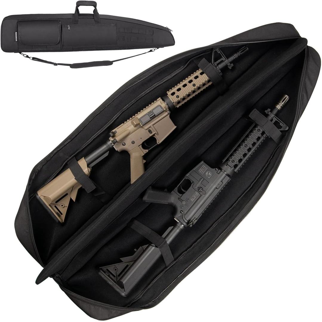 Soft Double Shotgun Rifle Case 42" Long Gun Bag w/Padded Handle - Adjustable Sling Dual Lockable Zippers, Multiple Magazine Holder Pouches Outdoor Tactical Accessory Bags (Black)