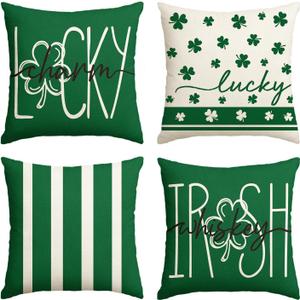 AVOIN colorlife ST Patrick's Day Lucky Charm Irish Whiskey Clover Stripes Throw Pillow Covers, 18 x 18 Inch Green Shamrocks Decoration for Sofa Couch Set of 4