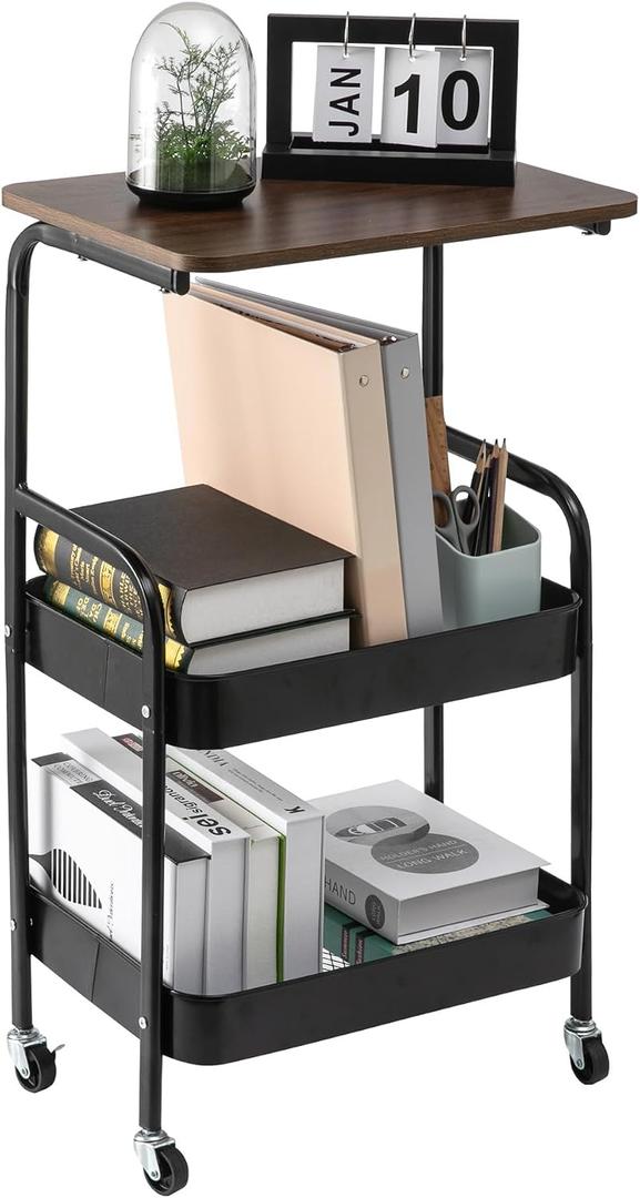 3-Tier Metal Rolling Utility Cart with Wooden Tabletop, Mobile Storage Organizer with Lockable Wheels for Kitchen, Bathroom & Home