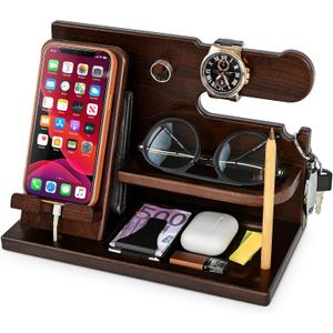 TESLYAR Wood Phone Docking Station for Men - Desk or Nightstand Organizer - Birthday Gifts for Husband, Dad - Anniversary Idea from Wife - Key Holder, Stand Wallet, Watch, Essentials (Chocolate Brown)