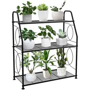 VyGrow Plant Stand, 3 Tier Plant Shelf for Indoor Outdoor, Heavy Duty Metal Outdoor Plant Stand Holder Rack for Living Room Balcony and Garden, Black