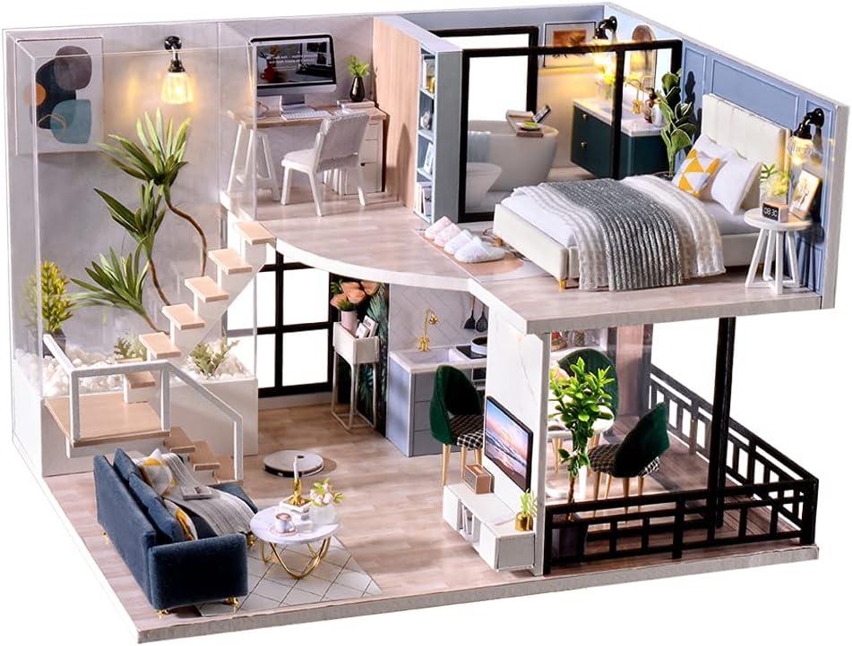 TuKIIE DIY Miniature Dollhouse Kit with Furniture, 1:24 Scale Creative Room Mini Wooden Doll House Accessories Plus Dust Proof & Music Movement for Kids Teens Adults (Satisfied Time)