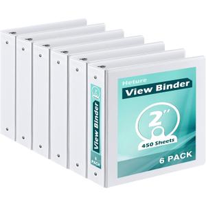 Heture 3 Ring Binder 2 Inch 6 Pack,2" Clear View with Round Rings, PVC-Free,Holds for 450 Sheets 8.5X 11 US Letter Size Paper, Durable White Binders Perfect for Office,School and Home