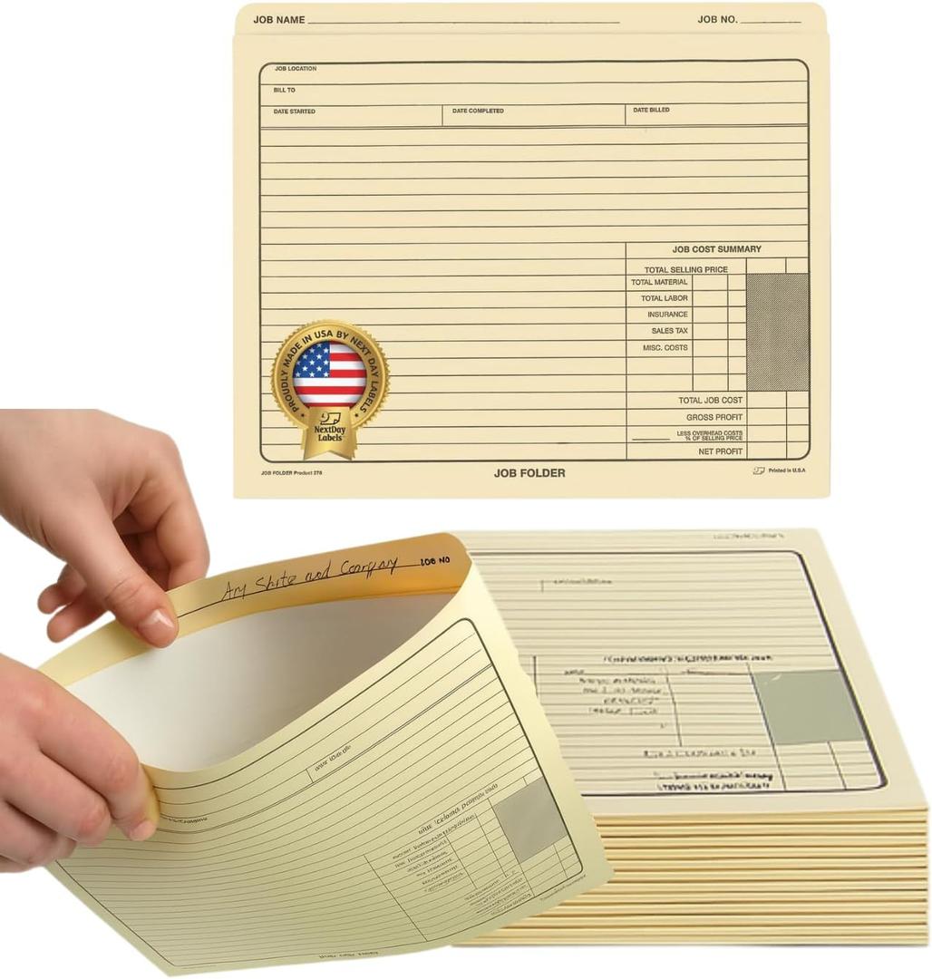 NextDayLabels - Job Folders Manila File Jacket 10 x 12  Heavy Duty - Preprinted to Track Job Progress, Calculating Cost, and Customer Correspondences - 50 Folders