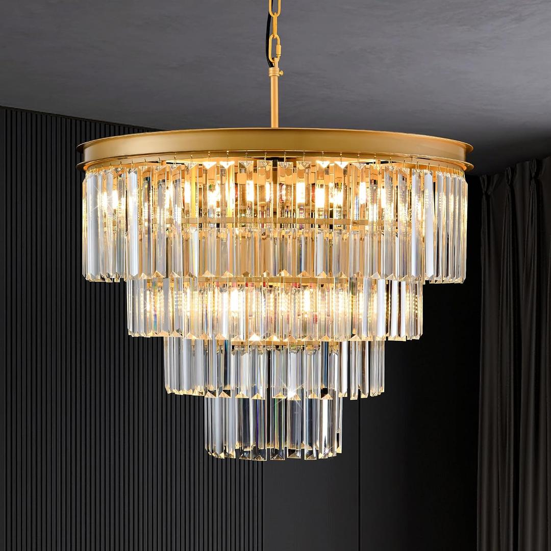 Gold Crystal Chandelier 22.9" 10-Lights Modern Crystal Pendant Lights 4-Tier Luxury K9 Hanging Dining Room Lighting Fixture for Living Room Bedroom Kitchen Island Entryway Stairway Office