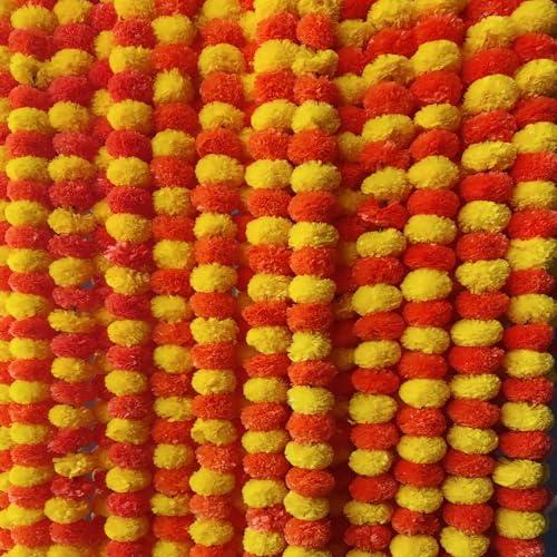 Krati Exports 10 PC - 5 feet Marigold Garland |Indian/American Wedding Party Mantle Decoration, Faux Garlands Wedding Garland, Diwali Decoration, Spring Bush Floral! (Yellow & Dark Orange)