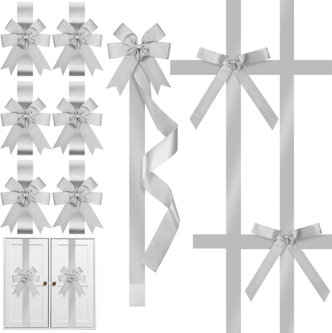 Crowye 14 Pcs Christmas Cabinet Bow for Kitchen Door Ribbon Bow Christmas Wreath Bow Christmas Door Bow Festival Wrapping Decorations for Tree Kitchen Fireplace Home Front Party(Silver) (Polyester)