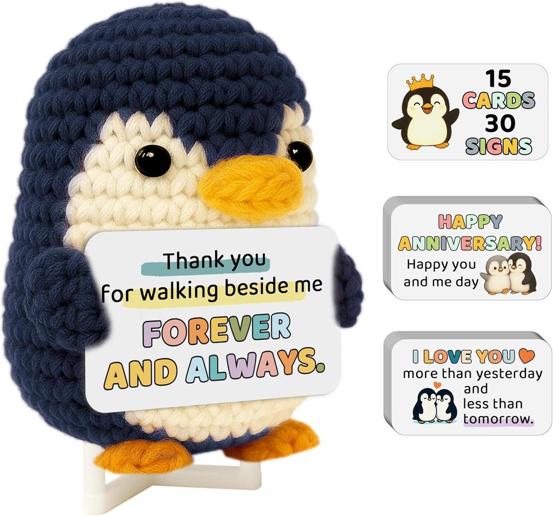 Love Romantic Gifts for Him Her Boyfriend Girlfriend, Crochet Penguin Anniversary Birthday Present for Women Men, Christmas Valentines Gift for Couples Wife Husband (Blue Love Penguin)