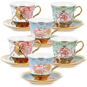 Teenyyou Set of 6 Tea Cups and Saucers Tea Party Decorations Floral Porcelain 5.4 oz British Gift for Women Birthday Party, Church, and Mother's Day (Classic Style)