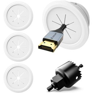 VCELINK TV Cord Hider for Wall Mounted TV, 2.36" (60 mm) Mini White Cable Management Kit Hides TV Wires- Push Type, 4 Pack Wall Cord Pass Throughs and 1 Hole Saw Drill- Ideal for Mounted TVs, Desks