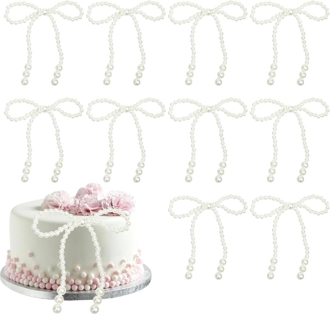 12Pcs Pearl Bow Cake Toppers, Bow Dots Cake Decorations, White Pearl Bows Cupcake Toppers for Weddings, Birthday, Valentines Day and Baby Shower Party Supplies