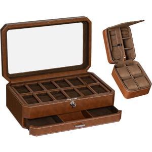 Gift Set 12 Slot Leather Watch Box with Valet Drawer & Matching 5 Watch Travel Case - Luxury Case Display Organizer, Locking Mens Jewelry Watches Holder, Men's Storage Boxes Glass Top Tan/Brown
