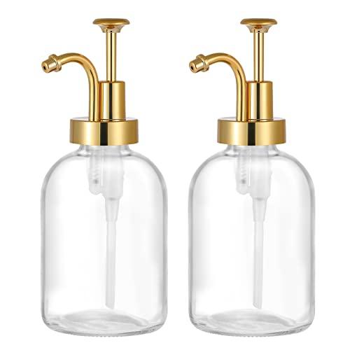2 Pack Thick Clear Glass Jar Soap Dispenser with Gold Pump, 17oz Clear Boston Round Bottles Dispenser with Rustproof Pump