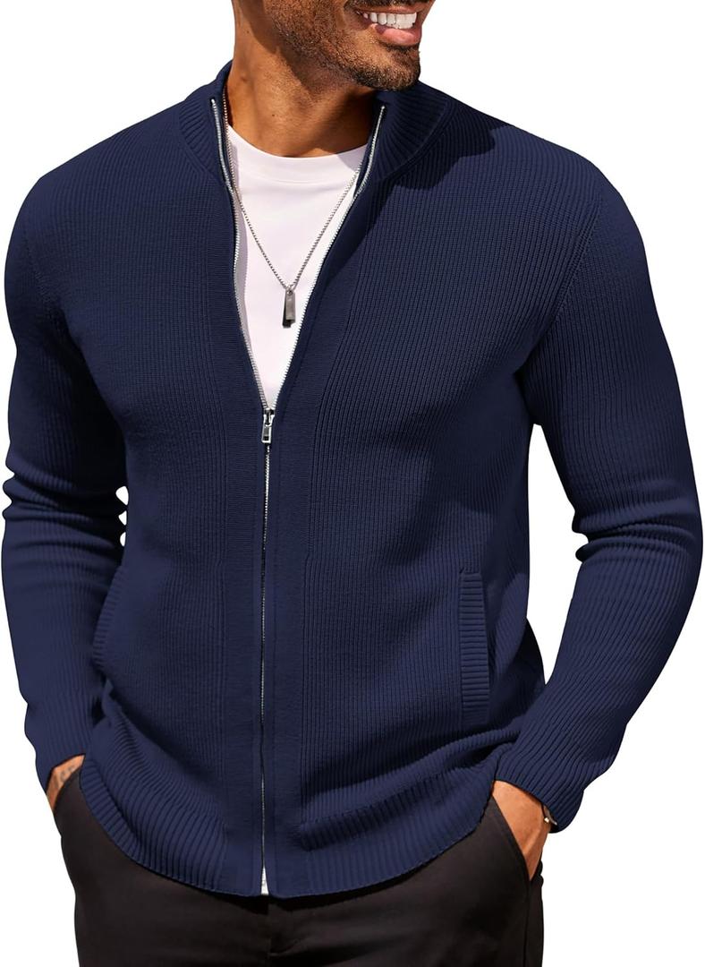 COOFANDY Mens Zip Up Cardigan Sweater Slim Fit Casual Full Zip Sweaters Knit Stand Collar Cardigans with 2 Front Pockets (X-Large, Navy Blue)