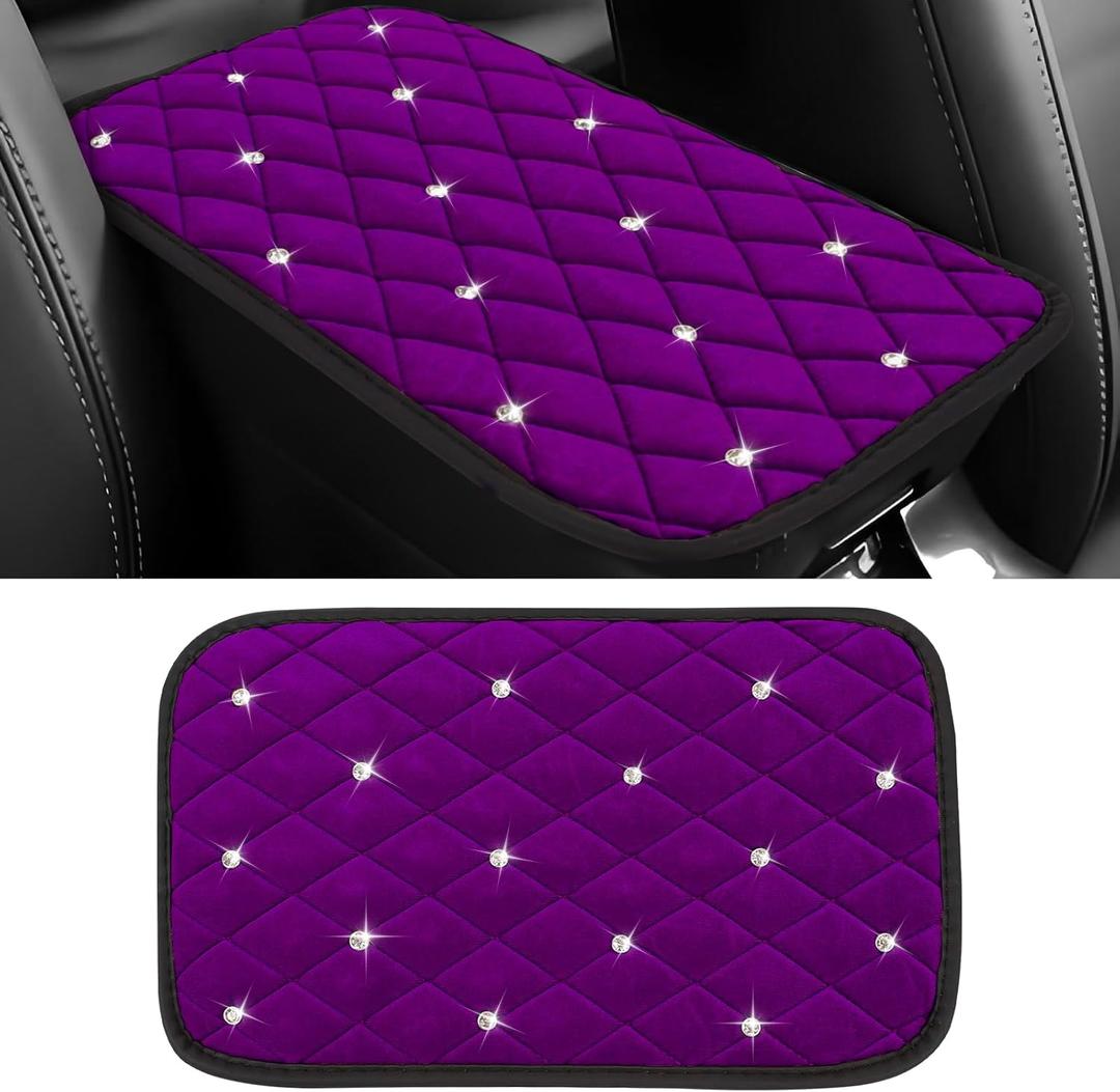 Hovom Bling Car Center Console Cover, 12.6"7.48" Crystal Rhinestone Fluffy Armrest Cover for Cars, Comfortable Auto Armrest Cushion Pad, Diamond Vehicle Arm Rest Protector, Car Accessories (Purple)