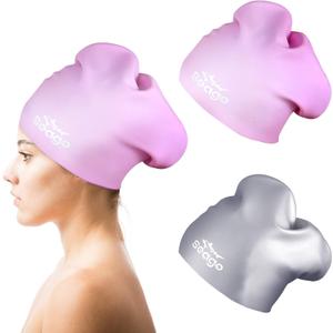 Swim Cap Long Hair 2 Pack Swimming Caps for Women Silicone Swim Caps Keep Hair Dry Waterproof Comfortable Flexible Durable Bathing Cap Tear-Proof Design Large Women Adult Swimming Cap 10+ Years Girls (Purple & Gray)