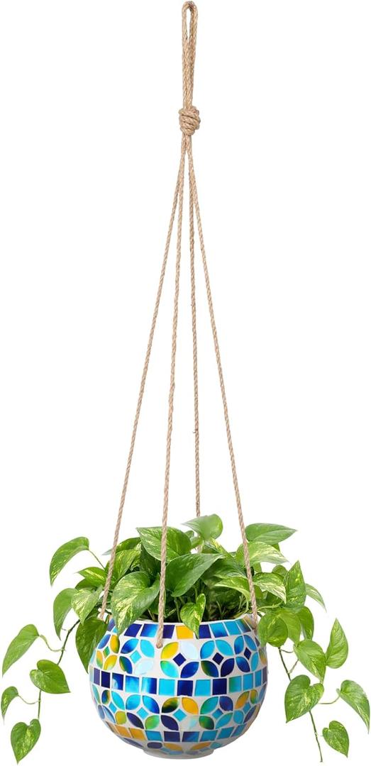 Ceramic Hanging Planter Mosaic Hanging Flower Pot Small Plant Pot for Indoor Plant Garden Decor Disco Ball Planter with Drainage Square Blue