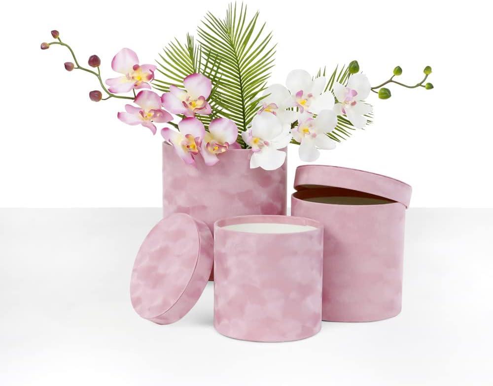 UNIKPACKAGING Premium Quality Round Velvet Flower Box, Gift Boxes for Luxury Flower and Gift Arrangements, Set of 3 pcs (Pink)