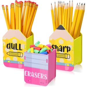 DoubleFill 3 Pcs Sharp and Dull Pencil Holder Eraser Buckets Wooden Shaped Dispenser for Back to School Teachers Classroom Management(Cute Circle)