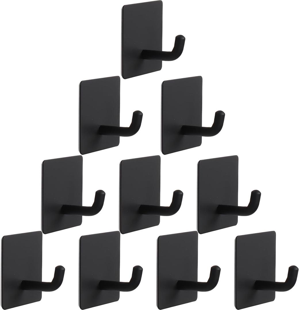 Bath Towel Hooks - 10 Pack Strong Self Adhesive Coat/Clothes Hooks, No Drilling Sticky Hooks, Heavy Duty 304 Stainless Steel Shower Wall Hook for Bathroom Kitchen Bedroom(Matte Black)
