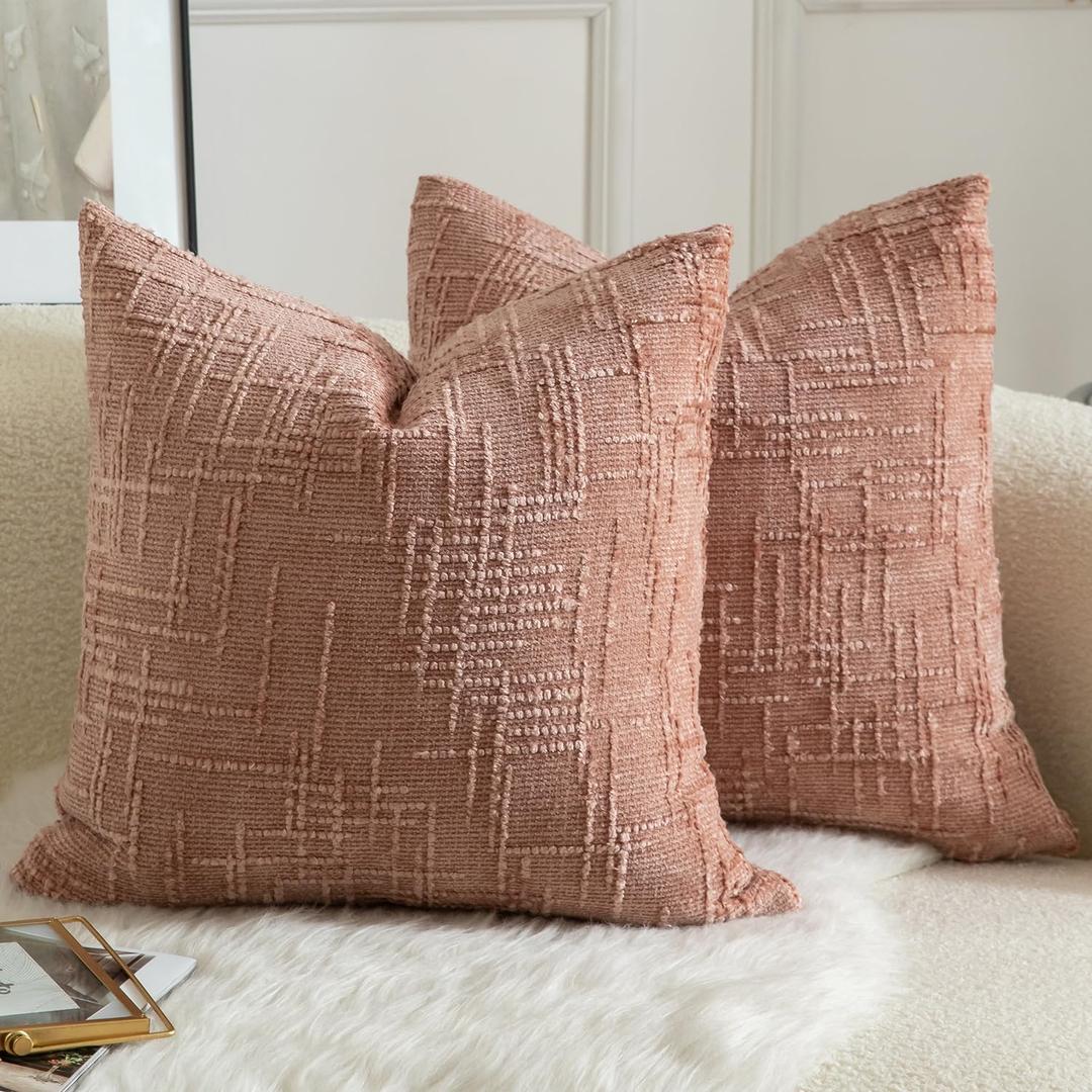 MANDIOO Pack of 2 Soft Chenille Textured Throw Pillow Covers Square Accent Solid Decorative Cushion Cover Cozy Farmhouse Pillow Case for Couch Sofa Bed Living Room 20x20 Inch Dusty Pink