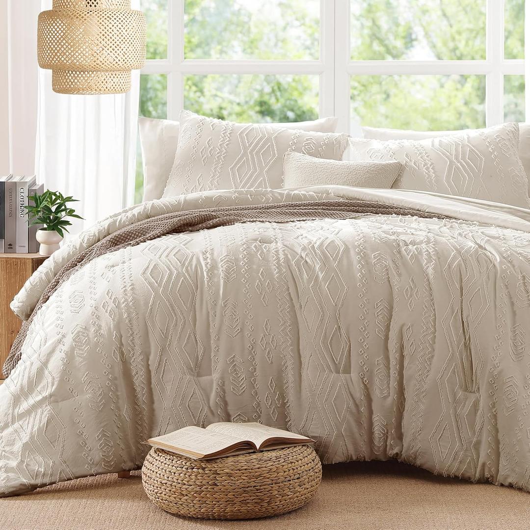King Size Comforter Set Beige, Tufted Boho Bedding Farmhouse Bed Set, All Season 7 Pieces Bed in a Bag with Sheets, Pillowcases & Shams (King (104"x90"))