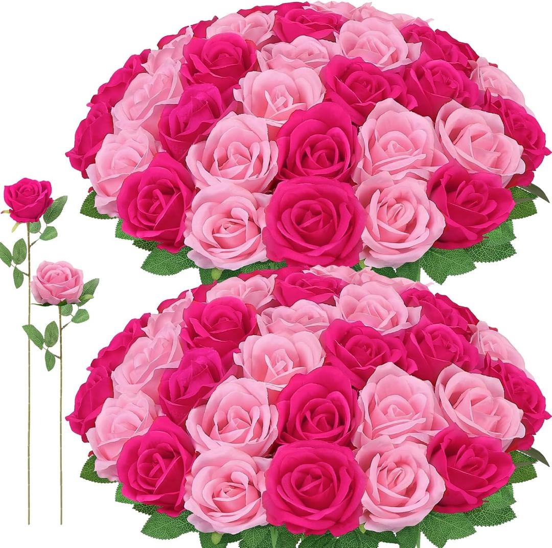72 Pcs Artificial Roses Hot Pink, Pink Fake Silk Roses Realistic Roses Faux Flower Indoor Wedding Home Decor, Birthday Decorations