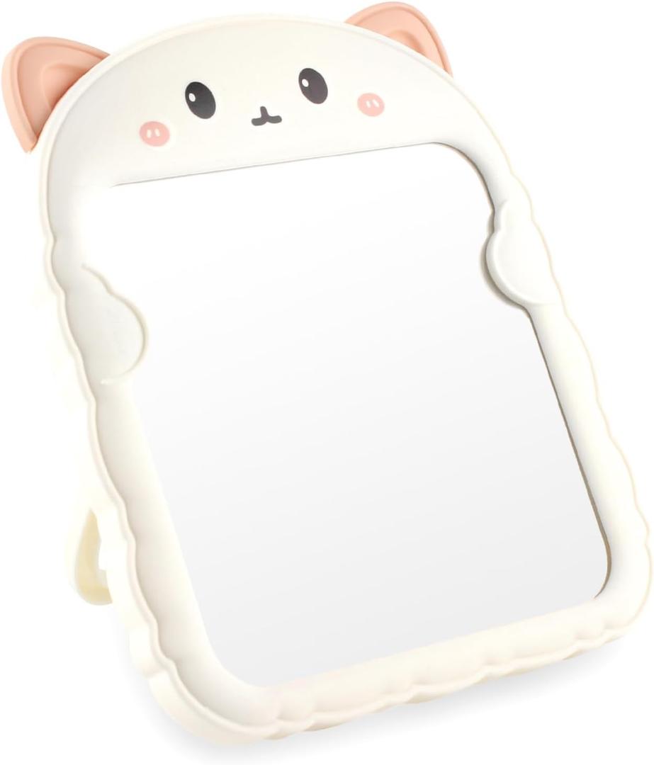 TBWHL Cute Table Desk Mirror Cartoon Cat Mirror for Desk, Desktop Mirror with Stand for College, Hanging Vanity Makeup Mirror for Dorm, Bedroom, Office Cubicle (White Cat)