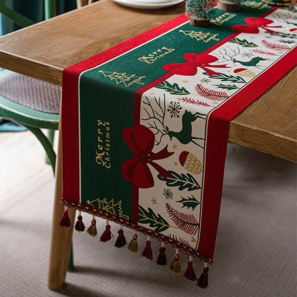 Christmas Table Runner Xmas Dining Table Linen Decoration with Tassels Cotton Blend Winter Holiday Decoration 13 x 70 inches (Green & Red, 13" x 70")