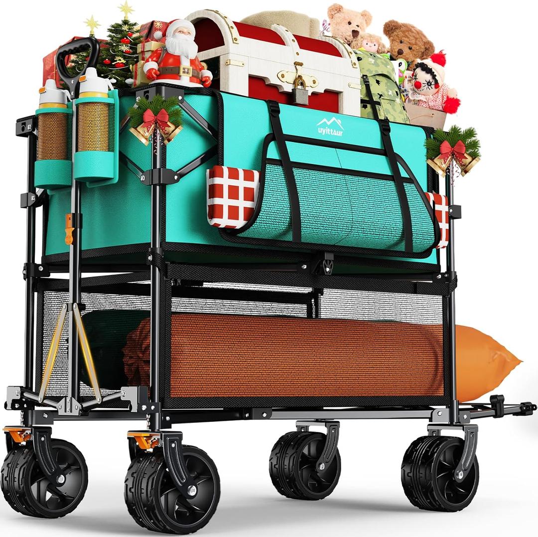 Foldable 50''L Extra Long Double Decker Wagon for Sport, 400L Collapsible Heavy Duty Wagon Cart with Big Wheels, Utility All-Terrain Large Extender Cart for Outdoors, Light Blue